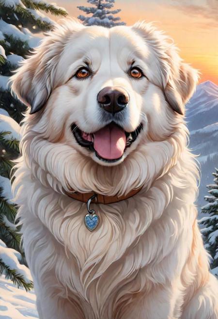 Bio luminescent, a cute adorable Pyrenees Mountain Dog in snow. heroic, close-up, hyper detailed, trending on art station, sharp focus, studio photo, intricate details, highly detailed, winter-themed illustrations, sunset, soft watercolor style, muted color palette, standing triumphant on a trees fir covered hilltop in winter , detailed soft fine fur, detailed large round eyes, atmospheric volumetric lighting, backlighting, best quality, hyper real,