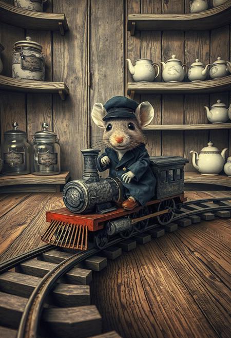 This enchanting image presents a whimsical dreamscape portrait of a mouse dressed as a train conductor, riding a miniature steam locomotive along a curved track atop a richly textured wooden surface. The mouse, rendered with extraordinary trompe-l'œil realism, wears a perfectly tailored navy uniform complete with a conductor’s hat, its posture alert and expressive. The surrounding setting evokes a timeless, storybook aesthetic—wooden shelves lined with vintage jars and porcelain teapots painted in soft, monochrome hues, suggesting a quiet domestic backdrop with surreal undertones. Dramatic contrast and fine linework emphasize the character and depth of the scene, while the close-up perspective and detailed textures give it the intensity of a mural or a woodcut engraving. This composition fuses charming narrative with classical techniques, creating an illusionistic tableau full of warmth, fantasy, and delicate storytelling.