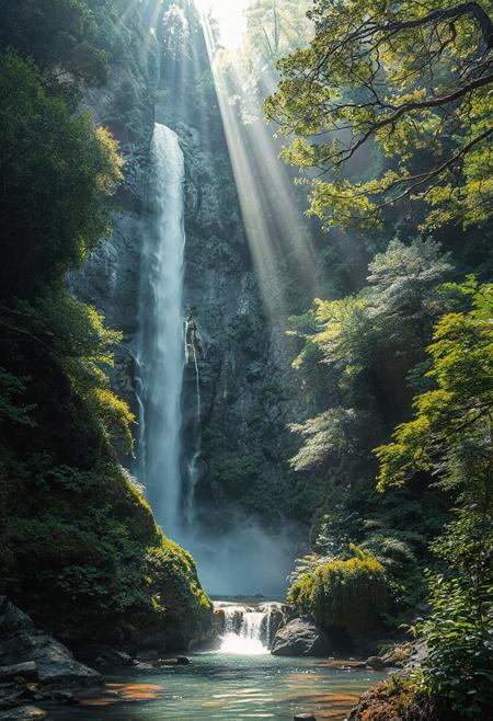 A tranquil forest oasis, serene setting, a majestic waterfall plunges down a rugged cliffside, surrounded by vibrant greenery and lush foliage. casting an ethereal glow across the scene. filtered rays of sunlight peek through the dense foliage, bathing the area in a peaceful, mystical ambiance, 
Japanese art style, Japanese ink painting, 
best quality, sharp focus, high contrast, colorful, ultra quality, 8k, best quality,