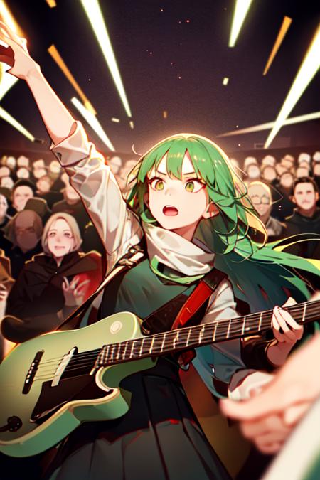 (upper body),
(solo),
(1girl), (audience),
(long green hair),
Jackets, guitars, hair flying, arms outstretched, <lora:light transition:0.6>