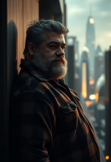 cinematic 90s scifi film still, movie still photograph in portrait orientation, bara manga style, set in a dark setting accented by rimlight. Hugo: A 55-year-old muscle-bear, standing tall at 185cm, is characterized by his stocky build and big belly. He has a grayish beard, short salt and pepper hair, a wide face with a double chin, hairy arms, and a unique wide crooked nose. A golden earring shines from his right ear. Clad in a cozy flannel shirt, his presence reflects that of an architect or a knowledgeable university professor. Pose: Hugo leans with back against wall, deeply engrossed while looking at viewer, flirting with viewer with a smirk, a blame! Megastructure-inspired metropolis.