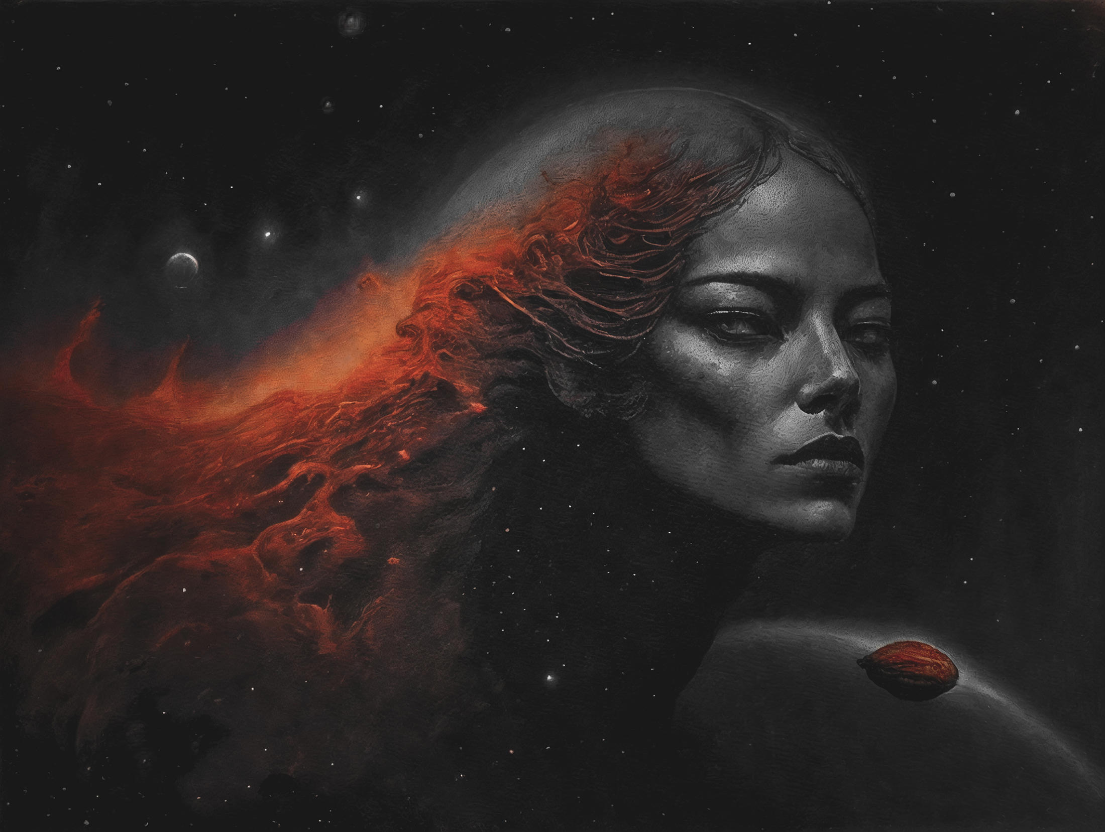 "Artistic Portrait of a Woman in Space with Red Background"