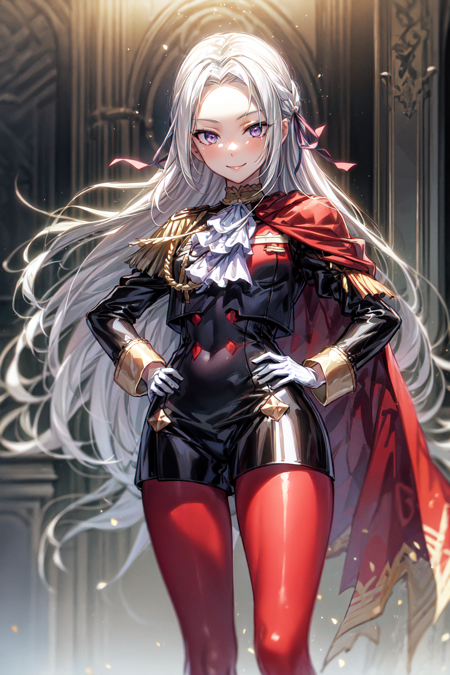 edelgard von hresvelg, 1girl, white hair, purple eyes, long hair, hair ribbon, black dress, black jacket, black shorts, red cape, red pantyhose, white gloves, high heels, ascot