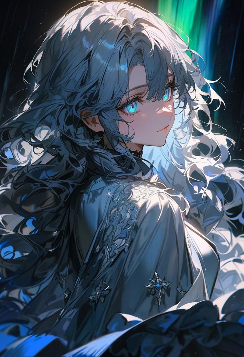 ((close up)), masterpiece, best quality, very aesthetic, absurdres, bokeh light, (yoneyama mai:1.4), (quasarcake:1.2), (((1girl, detailed lighting, rendered, beatiful eyes, perfect hair, detailed face and body))), 
A tall, elegant woman stands at the edge of a vast, snow-covered cliff, bathed in the ethereal glow of the northern lights that dance across the sky. Her flowing gown, shimmering in pale lavender and soft blue hues, sparkles like the frost beneath her feet. Embroidered with intricate silver patterns, her dress seems to merge with the icy landscape. Her long, wavy hair cascades down her back in a soft cascade of golden strands, catching the lights from above. Her eyes, an icy blue, reflect the glimmering colors of the aurora.
A serene, almost otherworldly calm graces her face, her lips gently curved into a soft smile as she watches the celestial display, her eyes glowing with awe and quiet contemplation
Beneath the vast, star-filled sky, a mesmerizing aurora dances across the heavens, painting streaks of green, purple, and blue. The ethereal lights shimmer and shift, casting an otherworldly glow over the landscape below. Silent and majestic, the aurora flickers like waves of cosmic energy, creating an awe-inspiring contrast against the deep night sky. The horizon glows softly, as if touched by magic, while the cool air feels charged with a sense of wonder and mystery, making the scene feel timeless and surreal.