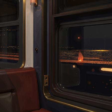 a painting (((in style of lumispot))) of a city visible through the train window, sky full of dark clouds, dark, highly detailed, dim colors, color accent, <lora:lumispot_merge_2:0.6>