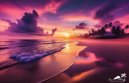 a peaceful beach scene at sunset, with soft pink and purple hues reflecting on the waves and silhouetted palm trees in the distance, creating a serene and idyllic atmosphere, a serene and tranquil scene at a beach during sunset. The sky paints a captivating art with hues of soft pink and intense purple reflecting upon the gently rolling waves. The beach is adorned with fine, golden sand that shimmers with the dwindling light of the day. Silhouettes of leisurely palm trees can be seen in the distance, tracing the landscape. The entire scenery exudes a sublime appeal making it an ideal setting for reflection and relaxation. The picturesque sight is a testament to the alluring end of a day at the beach. pink and lavender hues