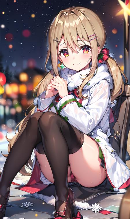 futaba kayano (denonbu), (best quality, 8K, masterpiece, ultra detailed:1.2), (lens flare, light particles, sparkle), depth of field, bokeh, blurry background, blurry,
night, starry sky, gradient sky, christmas, snowflakes, reflective floor, street, people, light, wet floor, snowing, constellation, dynamic pose, cinematic angle, wide shot, depth of field, 
1girl, solo, winter coat, white thighhighs, smile, sitting, chair