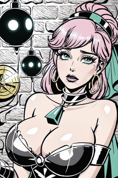 1 wizard girl, (pink hair:1.3), large hoop earrings, gold jewelry, wizard hat, sexy lingerie, wizard robes, busty, cleavage, big boobs, detailed eyes, big eyes, matching eyes, perfect face, lips, cute nose, anime style, retro anime, comic, manga, illustration, masterful artwork, professional illustration, professional animation, texture, animated character, perfectly drawn, line art, retro art, pop art, dungeon setting, spooky, skeletons on wall, skeleton background, spell caster, casting spells, spell hand, frost spell, icy hand spell, big eyes, green eyes,  otzk, <lora:1950sVintbonsebdsmart_1950sVintbonsebdsmart:1>