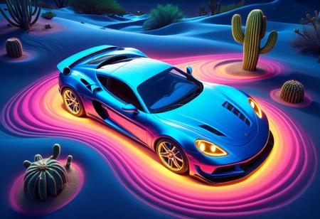 vibrant colors, shiny_skin, prefect lighting, detailed image, snoozing, masterpiece, best quality, highly detailed, ultra quality, 3DMM, 
((sandswirl, swirling sand), 
(Sports car), 
On the road, outdoors, neon lights, glowing, desert, cactus, tree, night, moon, moonlight,((Viewed from above, scenery, albrecht)),