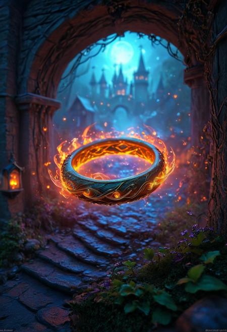 Immerse yourself in a magical, medieval fantasy world where a poisonous ring hovers in the air. The atmosphere is filled with enchanting spells that resonate through the air, casting vibrant, warm colors across the scene. A mystical aura permeates the environment, accompanied by an ethereal glow and dynamic energy that radiates from every detail. The textures are beautifully intricate, creating a sense of enchantment that transports you to a high fantasy land. The serene backdrop, softly lit with a captivating visual experience, adds to the ultra-detailed and mesmerizing atmosphere, making it a truly unforgettable experience.