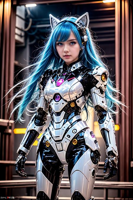 <lora:AgainCyberpunkArmor:0.8>,18 y.o, cuite face, 1girl, long hair, solo, blue hair, blue eyes, portrait, very long hair, looking at viewer, standing, animal ears, breasts, mechanical arms, science fiction, cyborg, necktie, chibi, wings,