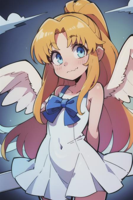 1girl, heaven, pearly gates, god rays, 80's anime style, <lora:filoTateNoYuusha_v10:0.5> filo, clouds, mist
upper body, filo, 1girl, solo, embarrassed, closed mouth, white wings, hite dress, blue bow, long hair, blue eyes, looking at viewer, parted bangs, bent over, arms behind back, <lora:filo2-05:0.9>