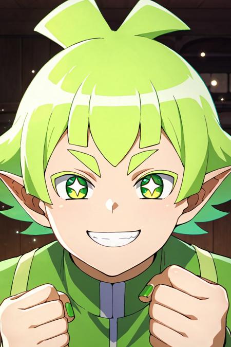 bars robin,green hair,green eyes,pointy ears, capelet Green nail Fangs