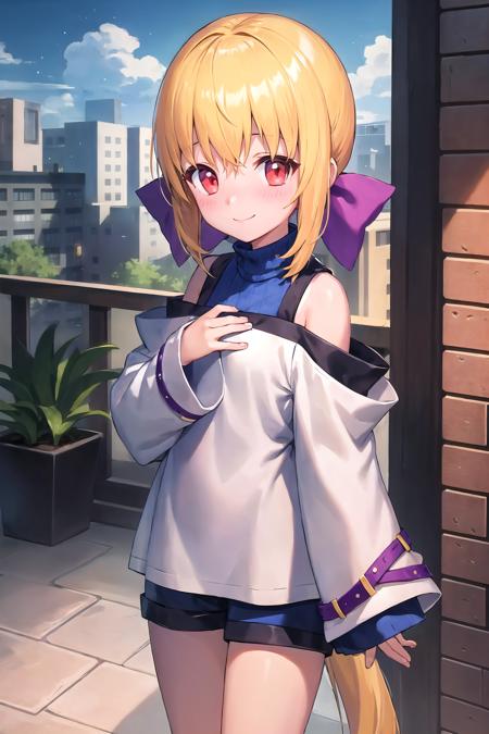  linear_cannon, 1girl, blonde hair, red eyes, hair bow, ponytail, long hair ribbon, jewelry, turtleneck, bare shoulders, wide sleeves, shorts, sandals