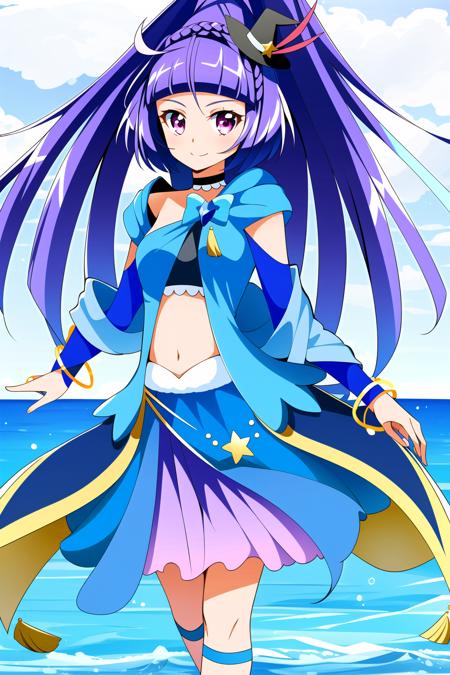 1girl, solo, long hair, looking at viewer, smile, skirt, hat, jewelry, standing, purple eyes, purple hair, braid, sky, choker, midriff, pink eyes, water, star (symbol), bracelet, blue skirt, black headwear, witch hat, blue bow, magical girl, high ponytail, gem,white background, bridal gauntlets, purple skirt, mini hat, crown braid, blue choker, wide ponytail, izayoi liko <lora:sapphire-000015:0.8>