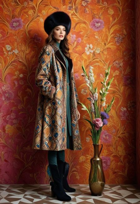 A model in an outfit with a long coat, fur hat, and boots in the style of Etro, posing against the backdrop of a wall painted with a textured pattern, surrounded by vases filled with flowers. The overall style is artistic and colorful, with patterns on the fabric, creating a unique visual effect. In her hands, she holds small bouquets of flowers. This photo was taken using a Canon EOS R5 camera.