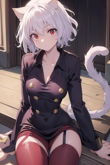 neferpitou, <lora:neferpitou:1>, neferpitou, short hair, (red eyes:1.5), long sleeves, animal ears, tail, white hair, shorts, cat ears, cat tail, curly hair, (small breast:1.2), BREAK looking at viewer, BREAK outside, BREAK <lora:GoodHands-vanilla:1>, (masterpiece:1.2), best quality, high resolution, unity 8k wallpaper, (illustration:0.8), (beautiful detailed eyes:1.6), extremely detailed face, perfect lighting, extremely detailed CG, (perfect hands, perfect anatomy),