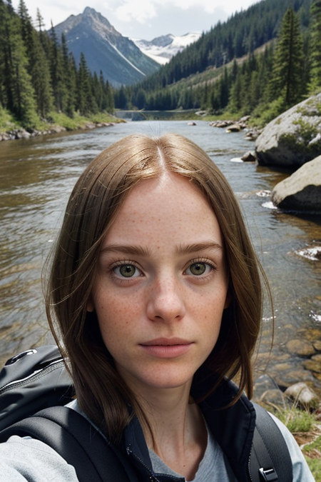 OlimpiaDomenici, ((selfie)) photo, serious look, outdoors, mountains, wearing a backpack, sweater, hiking jacket, rocks, river, wood, analog style, (look at viewer:1.2), (skin texture), close up, cinematic light, sidelighting, Fujiflim XT3, DSLR, 50mm