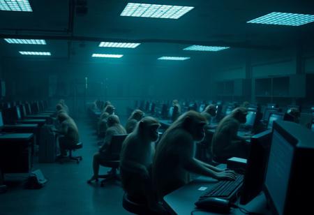 a large darkly lit room in a research facility where dozens of monkeys sit behind  computers programming,dim,loomy,hyperrealistic
