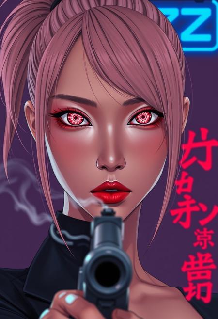 Close-up movie poster of a tall, slender Japanese cyberpunk assassin, in a semi-realistic style with subtle Patrick Nagel-inspired stylization. Her face fills the horizontal frame, staring coldly at the viewer. She has long blush pink hair in a high ponytail with side-swept bangs and loose strands framing her face.
Her cybernetic eyes are highly realistic with glowing faint pink irises, intricate circuit patterns visible in the iris, styled like high-end anime eyes but with real-world texture. She wears bold red Asian-style eyeshadow, stylized with clean, sharp application reminiscent of Nagel’s graphic look.
At the bottom edge of the frame, a silver pistol barrel is visible, slightly blurred, pointed toward the viewer. A thin plume of smoke curls upward, softly cutting across her face. Lighting is dramatic — realistic but with high contrast and graphic shadows along her jawline, cheekbones, and collarbone.
The background is minimalist: flat muted violet or black with a blue neon “BUZZ” sign and red Japanese characters subtly blurred in the distance.
Title overlay:
“BUZZ KILLER” — in bold 1980s-style neon lettering (hot pink or electric blue)
Subtitle: “The Sakura Killer” — in thin red Japanese-style type beneath.”
⸻
Style Notes:
	•	Blend: 70% cinematic realism, 30% Nagel flat styling (hair, makeup, shadows, composition)
	•	Mood: Neon-noir, sleek, cold elegance
	•	Model Type: Realistic or semi-stylized (e.g., cinematic anime fusion)