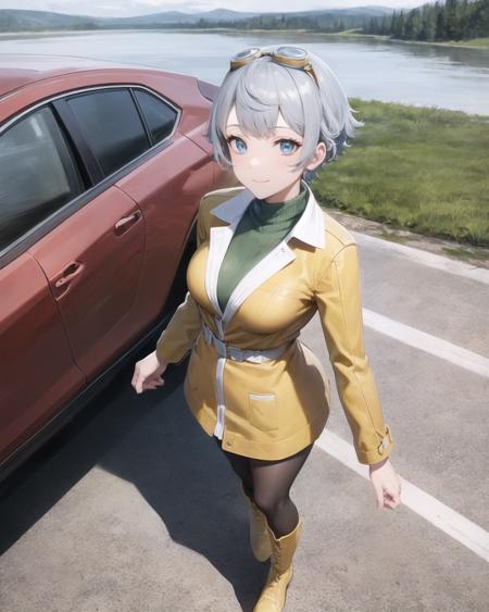 best quality, (masterpiece:1.2), illustration, absurdres,
(1girl, solo), (beautiful detailed girl),
<lora:Grace:0.9>, Grace Lynn, grey hair, short hair, blue eyes, medium breasts,
goggles, goggles_on_head, eyewear_on_head, 
yellow coat, green sweater under coat, white_pantyhose, (brown_boots),
from above,
overlooking distant snowy mountains, distant river, pine forest,,
smile, looking at viewer,