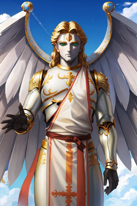 metatronsmt, angel wings, blonde hair, green eyes, android, mechanic wings