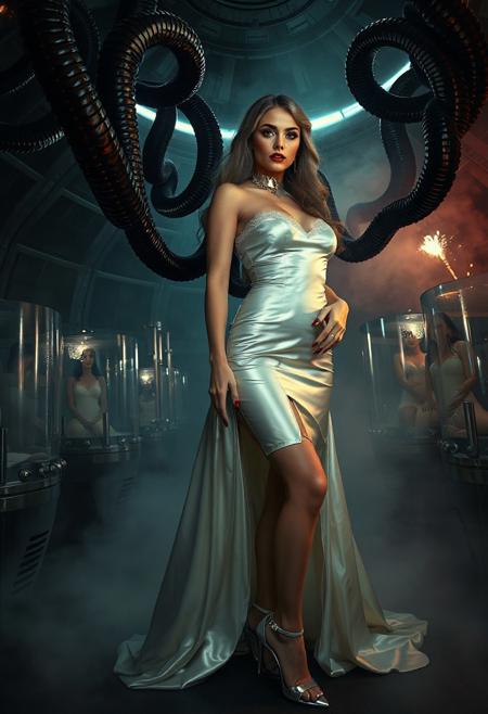 1woman, 0man, beautiful  sultry bride in white  glossy satin dress and  white wedding nylon stockings aroused by eldritch tentacles, slave collar, jewels
BREAK woman,  white woman, (elegant face, (angelic face)),  skinny body, beautiful long legs, ((elegant  glossy white  satin wedding  dress, high slit, ((vintage white nylon stockings with lace top)))), glossy high heels, ankle strap, Femme Fatale, noble lady
BREAK tentacles, tentacle sex, surrounded by cocoons with encased beauties at background, sci-fi, scifi, mind control, silver slave collar, brainwash machine, breeding chamber, steel, foil, fog, hypno, romance, poison, lipstick, long hair, heavy makeup, 1950s hairstyle, red nails, long hair, green eyes, sharp cheekbones, ultra thin waist , mysterious, alien spaceship, space, radiating, laser, dramatic lighting, epic hollywood movie still, sharp focus, emitting diodes, smoke, artillery, sparks, horror, fashion look, hollywood, vogue makeup, porcelain skin, long haired, ultrathin waisym reminiscent of H.R. Giger, Zdzisław Beksinski, and Ash Thorp's dark, sleek styles, with close-up glamour photography, glossy satin and silver heels glistening, fleshy slime dripping, and dark shadows.