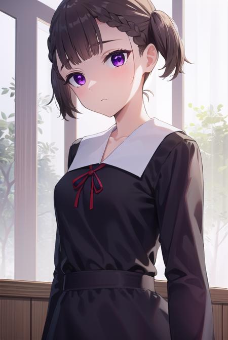 makishijou, <lyco:makishijou-lyco-nochekaiser:1>,
maki shijou, bangs, blunt bangs, (purple eyes:1.1), twintails, two side up, braid, short twintails,
BREAK long sleeves, dress, ribbon, school uniform, black dress, red ribbon, neck ribbon, collared dress, shuuchiin academy school uniform,
BREAK outdoors,
BREAK looking at viewer, (cowboy shot:1.5),
BREAK <lyco:GoodHands-beta2:1>, (masterpiece:1.2), best quality, high resolution, unity 8k wallpaper, (illustration:0.8), (beautiful detailed eyes:1.6), extremely detailed face, perfect lighting, extremely detailed CG, (perfect hands, perfect anatomy),