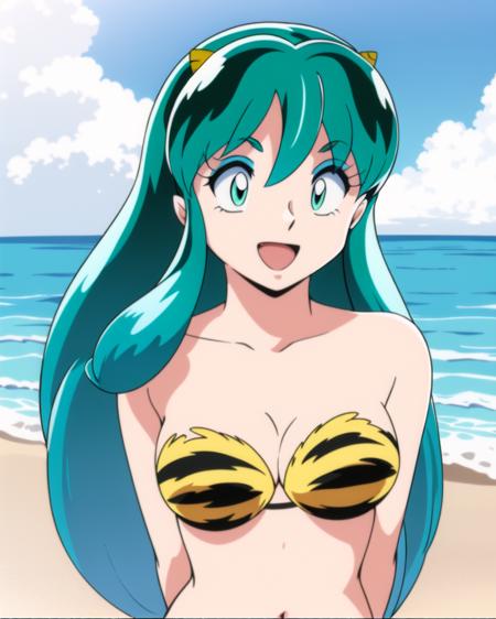 masterpiece, lum,
1girl:1.2, solo:1.2,
medium breasts, bikini, strapless, tiger print, :d, beach, ocean,
facing viewer, looking at viewer, upper body, arms behind back,
<lora:lum v1.2>