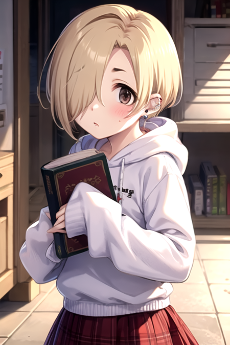 <lora:KoumeShirasaka:0.7>, shirasaka koume, 1girl, solo, looking at viewer, blush, short hair, skirt, blonde hair, long sleeves, holding, brown eyes, jewelry, pleated skirt, earrings, hood, hair over one eye, sleeves past wrists, book, plaid, blood, hoodie, red skirt, plaid skirt, piercing, hood down, ear piercing, :<, sleeves past fingers