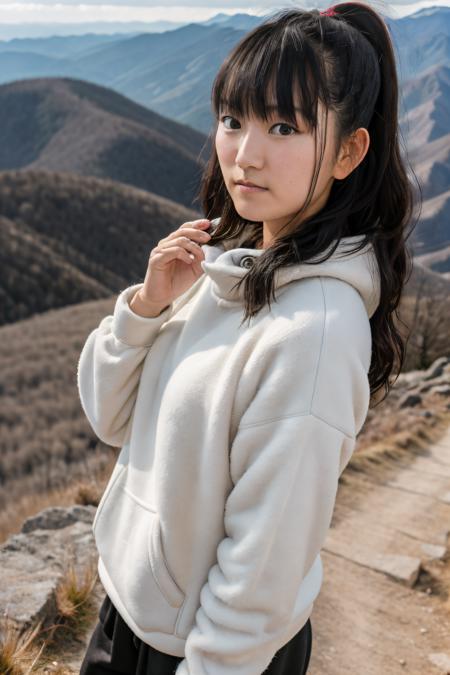 RAW photo of sumetal, Fleece Pullover at Mountain Hike, (high detailed skin:1.2), 8k uhd, dslr, soft lighting, high quality, film grain, Fujifilm XT3, <lora:sumetal:1>