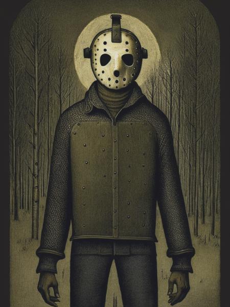 <lyco:JohnKennMortensen:1.0> Jason Voorhees in the style of John Kenn Mortensen