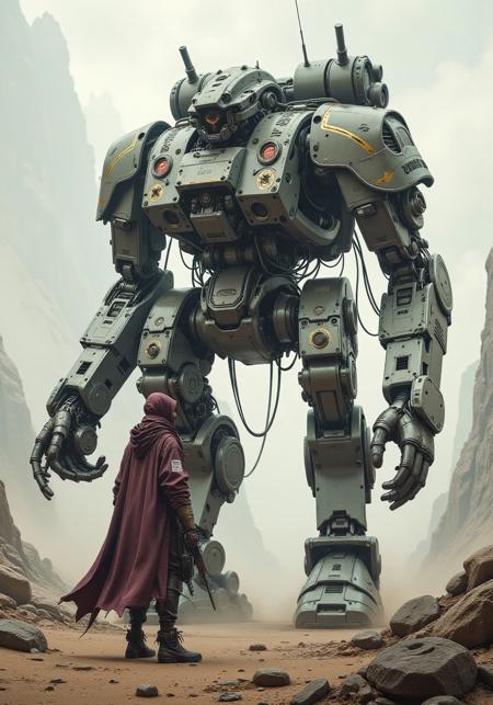 Sci-fi cinematic scene. Chaos battlefield wasteland background. Joined-leg tank, giant the tank with joined-leg, with gatling and turret. The burgundy cloak. Standing, Golden runes and cybernectic line decorate, Grimmdark, mechanical. (Ultra-realistic, 32k, Masterpiece, High Quality, Detailed Realistic Background, Official Art, Realistic Lighting, filmfotos, film grain, reversal film photography).