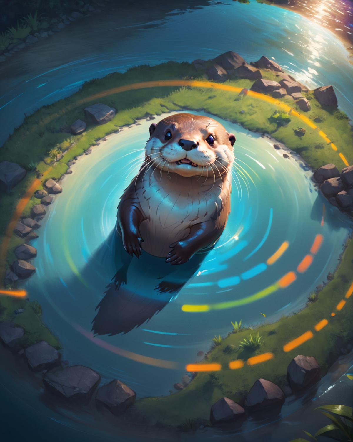 A beaver sitting in a circle of water surrounded by rocks.