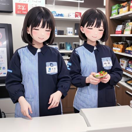 masterpiece, best quality, ultra-detailed, illustration,
konbini, scenery, shop, indoors, LAWSONU, employee uniform, uniform, multiple girls, shop, uniform, black hair, convenience store, realistic, food, closed eyes, indoors, shirt, smile, striped shirt, id card, striped, employee uniform, holding, short hair, plastic bag, name tag, vertical stripes, vertical-striped shirt, 2girls, counter, long sleeves, shelf, blue shirt, bag
 <lora:LAWSON_scenery_SD15_V2:1>