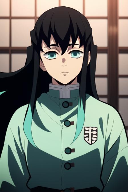 tokitou_muichirou long hair bangs black hair aqua eyes demon slayer uniform two-tone hair
