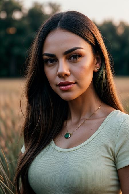 photo of (zanamari-135:0.99), a beautiful woman, perfect hair, smiling, closeup portrait, (modern photo, Brass graphic tee), 85mm, (analog, cinematic, film grain:1.3), ((plain Grass Green background:1.2)), detailed eyes, (seductive pose), painted lips, (epicPhoto), (looking at viewer), jewelry, (cinematic shot:1.3)