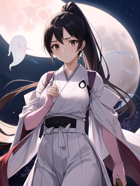 best quality, masterpiece, highres, detailed, perfect anatomy,  <lora:Detail - add_detail:0.2>, brown eyes, long hair, black hair, ponytail, tokineyukimura, white japanese clothes, white hakama, pink gauntlets, night, moon, ghost, <lora:Character - Tokine:0.8>