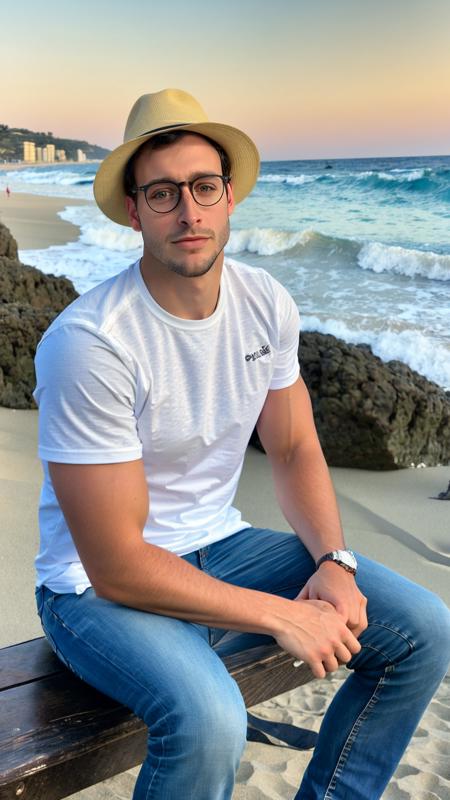 a guy sit at beach, handsome, DrMike, masculine, realistic, upper body, stubble, sharp focus, bokeh, unkempt, skin texture, male focus, (masterpiece, best quality:1.2), <lora:DoctorMike:0.9>, raw, film grain, broad shoulders, big body, eyeglasses, sunset, beach, ocean, elegant pose, white shirt, blue jeans, strew hat,, (masterpiece,best quality:1.5)