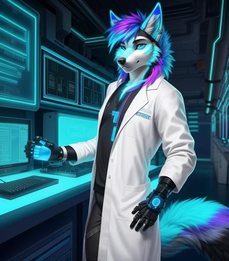 cyberpunk, portrait, cybernetic wolf, neon hair, (blue neon eyes:1.1), cybernetic limb, cybernetic arm, waring lab coat, lab room, [painting:photorealistic:0.4]