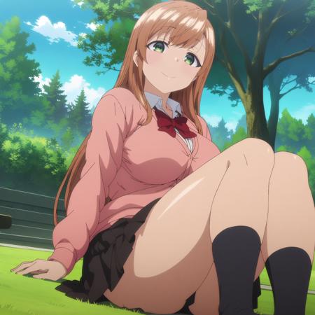 MinakoSanada,1girl,brown hair,long hair,green eyes, large breasts, white shirt,red bowtie,pink cardigan,long sleeves,, pleated_skirt,black skirt, thigh,black socks,