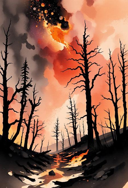 "A haunting watercolor of a wildfire’s dance—fluid washes of burnt orange and crimson bleed into ashen grays, their edges blurred like smoke curling into damp paper. Charcoal-black trees emerge from the chaos, their skeletal forms softened by translucent layers of sepia and ochre. Above, the sky weeps in bruised purples and indigo, pierced by delicate splatters of gold where embers mimic distant stars. Below, hints of mossy green and umber peek through scorched earth, suggesting resilience. Let the pigments pool and bloom organically: fire’s ferocity tempered by water’s surrender, capturing both destruction and the quiet, inevitable return of life."  
---
<lora:Flux-XL_Scenery:0.15> flux-scenery,
<lora:Flux-style-xl-lora:0.15> flux-style,
<lora:FLUX-daubrez-DB4RZ-v2:0.35> DB4RZ, DB4RZ style painting <lora:illustration004:0.8> illustration004 chaotic expressive line-art scribbled and erratic strokes monochromatic black ink <lora:Scribble Portrait Drawing:0.35> Drawing <lora:aidmaMJ6.1_v0.5_3:0.35> aidmamj6.1, aidmamj6, mystcorbCE_style
