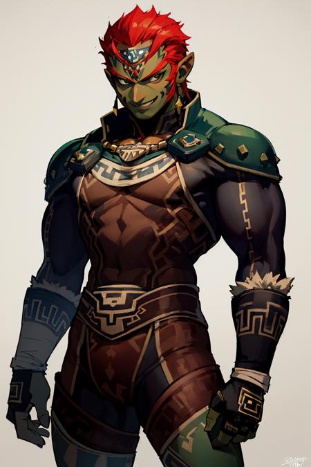 ((masterpiece,best quality)), absurdres, <lora:OoT_Ganondorf_Zelda:0.7>, OoT_Ganondorf_Zelda, solo, ((green skin)), smiling, looking at viewer, cowboy shot, cinematic composition, dynamic pose