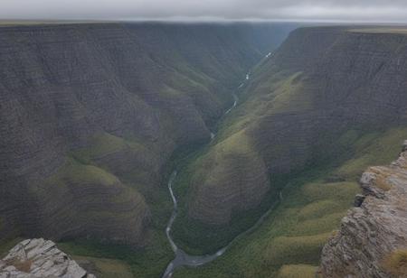 stone gorge, top down view 45 degrees, gray stones, steep walls, high, passage between in the center of the picture, cloudy weather, gray clouds, canyon in the center