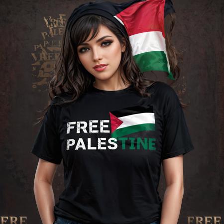 realistic,highres,reality,creative,huge filesize, <lora:PalestineFlagSdxl:1>, black shirt with the palestine flag and the word free palestine by artgerm, Tom Bagshaw, Lawrence Alma-Tadema, greg rutkowski, alphonse Mucha