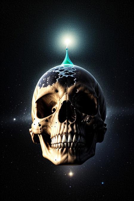 A close-up photorealistic image of a crystallic floating skull facing the viewer with its mouth open, pouring from it's mouth a shimmering liquid resembling the universe onto the ground, filled with rich stars and swirling galaxies. A simple void background enhances the dark atmosphere, shrouded in fog, capturing the hypnotic flow and shimmer of the cosmic liquid, from below view,