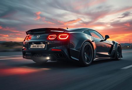 “A high-performance sports car seen from the back, exuding power and speed. The sleek design features aggressive aerodynamics, wide tires, and distinctive tail lights. The license plate boldly reads ‘I BRAKE ONLY FOR BUZZ.’ The car is in motion on an open highway at dusk, with motion blur enhancing the sense of speed. The exhaust emits a faint glow, hinting at raw horsepower. The background showcases a dramatic sky with deep oranges and purples, adding to the cinematic feel. Ultra-realistic reflections on the car’s glossy surface and intense lighting make the scene striking and dynamic.”