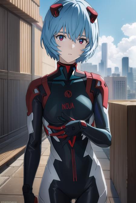 reiayanami, <lora:rei ayanami rebuild-lora-nochekaiser:1>, 
rei ayanami, (ayanami rei:1.2), blue hair, short hair, (red eyes:1.2),
BREAK bodysuit, headgear, plugsuit, black bodysuit,
BREAK outdoors, city, sky, sun, clouds,
BREAK looking at viewer, (cowboy shot:1.5),
BREAK <lyco:GoodHands-beta2:1>, (masterpiece:1.2), best quality, high resolution, unity 8k wallpaper, (illustration:0.8), (beautiful detailed eyes:1.6), extremely detailed face, perfect lighting, extremely detailed CG, (perfect hands, perfect anatomy),