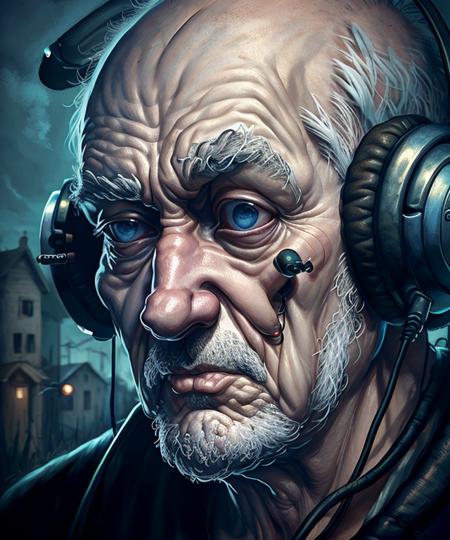 videogame character surreal closeup, old man with earphones,  masterpiece by ncwinters, in the mystical rural town,  <lora:ncwinters-12-v2:1>