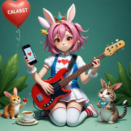 nishinoda artist style, original, absurdres, highres, 1girl, animal_ears, balloon, bass_guitar, cat_ears, cellphone, closed_mouth, crown, cup, english_text, fish, fork, frown, hair_ornament, halo, heart, instrument, leaf, medium_hair, phone, pink_hair, rabbit, red_eyes, saucer, shoes, socks, solo, star_\(symbol\), teacup, unworn_shoe, white_shoes, white_socks, x_hair_ornament, buzz, ceramic